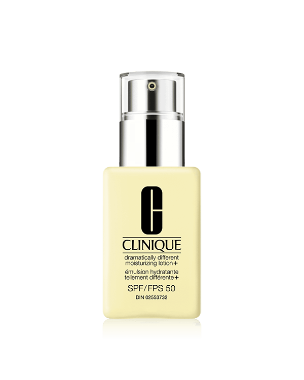 Dramatically Different Moisturizing Lotion+™ SPF 50, Lightweight moisturizing lotion strengthens skin’s barrier, instantly boosts moisture, and helps protect with SPF without leaving a white cast.