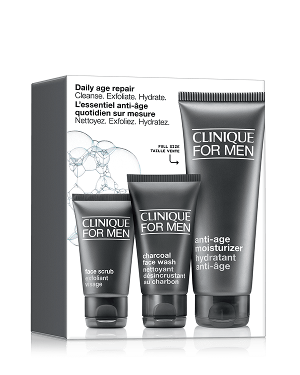 Daily Age Repair Set: Cleanse. Exfoliate. Hydrate., All he needs for fresh, younger-looking skin. A $78.00 value.