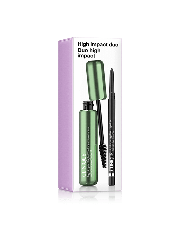 High Impact Duo, A bold eye makeup duo featuring a super volumizing mascara and waterline-safe eyeliner. A $74.00 value.