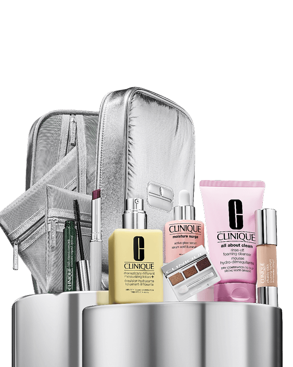 Glow On The Go: Skincare & Makeup Set, 7 glow essentials in a 3-in-1 beauty bag, featuring Clinique’s most-loved makeup and skincare.